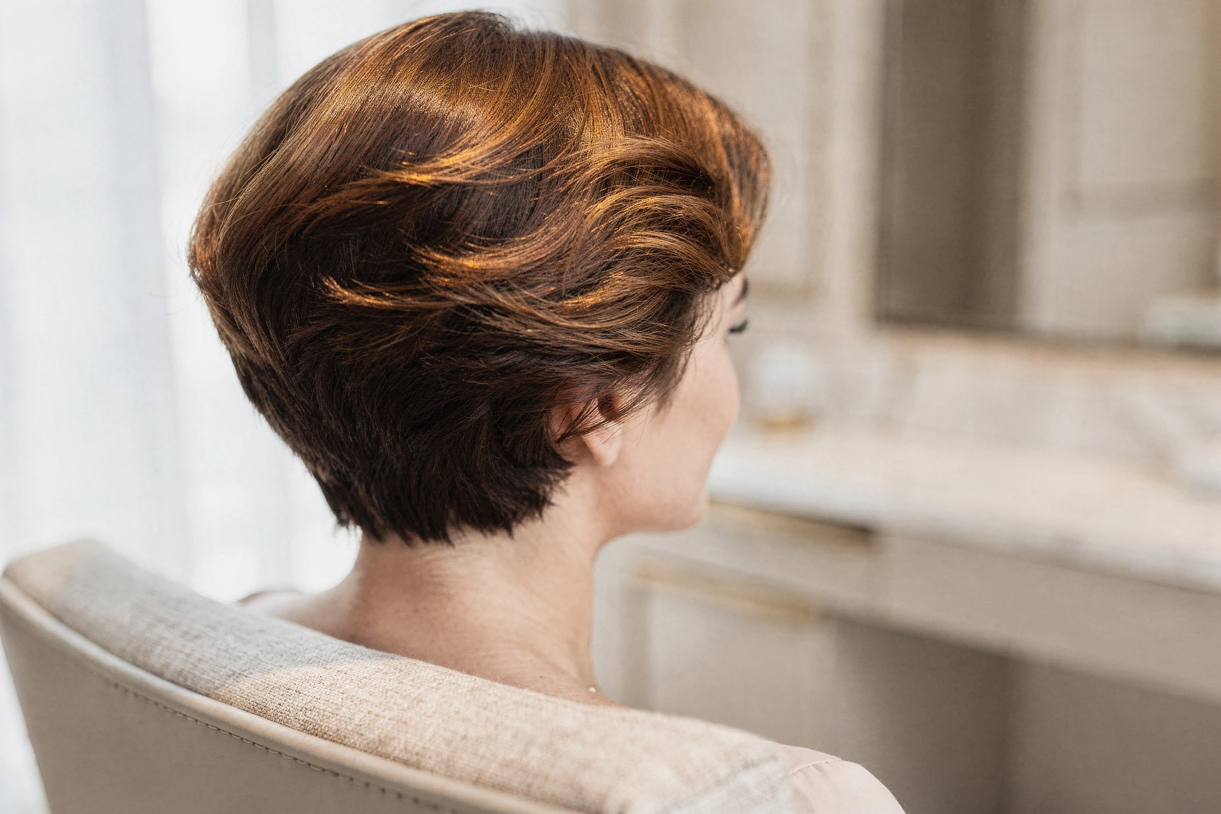 Woman with full, layered brown hair styled in a short cut, shown in profile